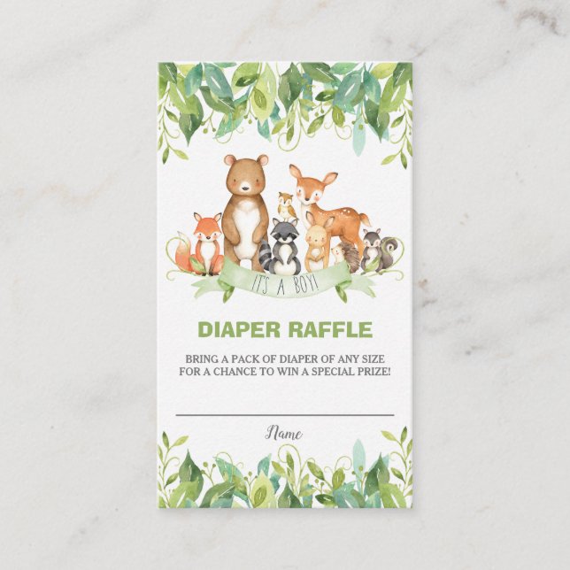 Tarjeta De Recepción Woodland Animals Greenery Forest Boy Diaper Raffle (Anverso)