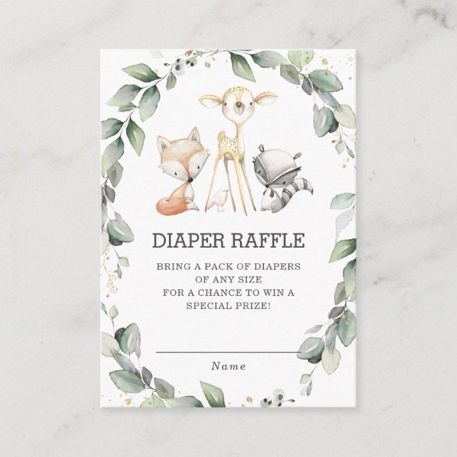 Tarjeta De Recepción Woodland Animals Greenery Wreath Diaper Raffle (Anverso)