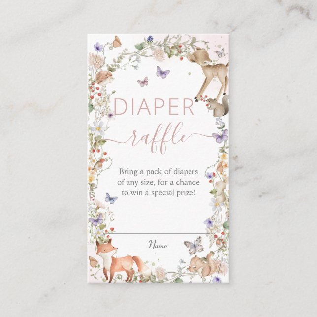 Tarjeta De Recepción Woodland Animals Wildflower Baby Diaper Raffle (Anverso)
