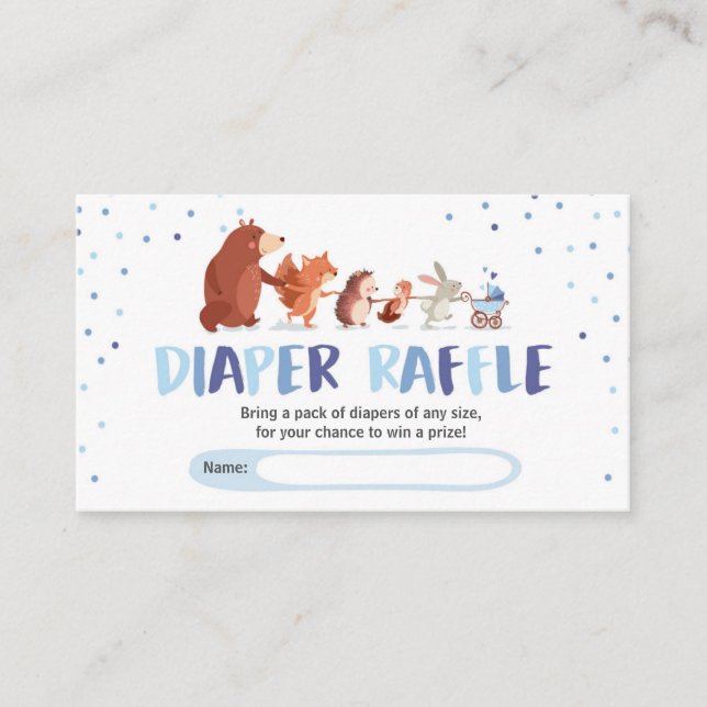Tarjeta De Recepción Woodland Baby Shower Diaper Raffle Card Boy Blue (Anverso)