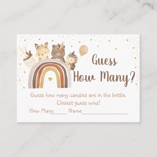 Tarjeta De Recepción Woodland Boho Rainbow adivina cuántos juegos (Anverso)