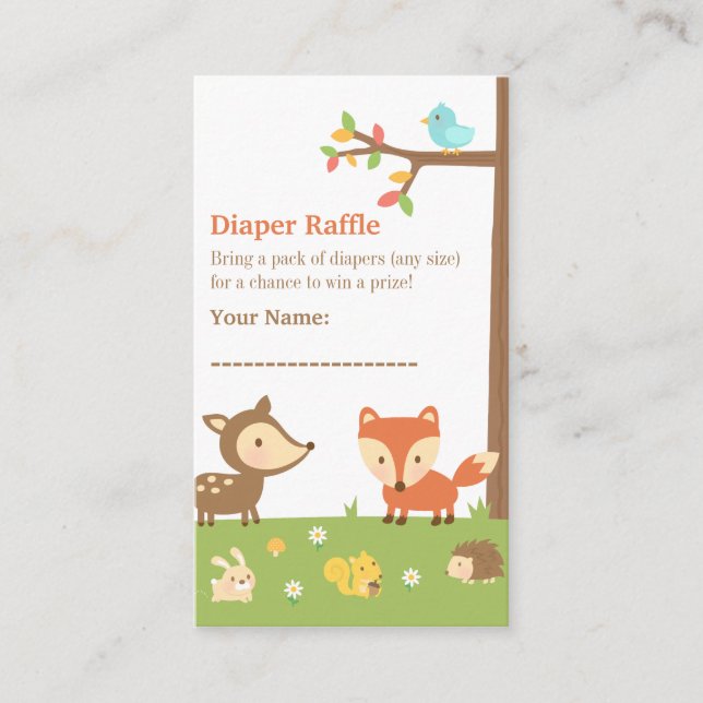 Tarjeta De Recepción Woodland Creations Baby Shower Diaper Raffle (Anverso)
