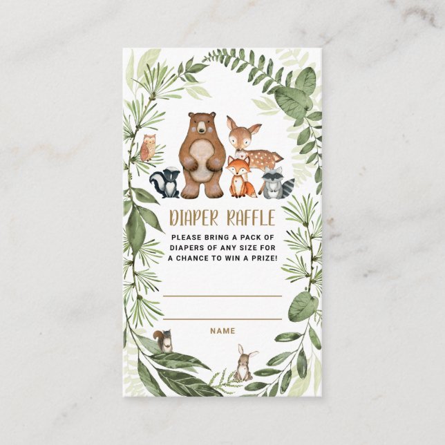 Tarjeta De Recepción Woodland Forest Diaper Raffle Greenery Baby Shower (Anverso)