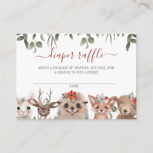 Tarjeta De Recepción Woodland Greenery Diaper Raffle Baby Shower (Anverso)