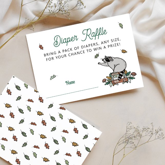 Tarjeta De Recepción Woodland Storybook Baby Shower Diaper Raffle (Diaper Raffle Baby Shower Enclosure with Woodland Racoon and Storybooks)