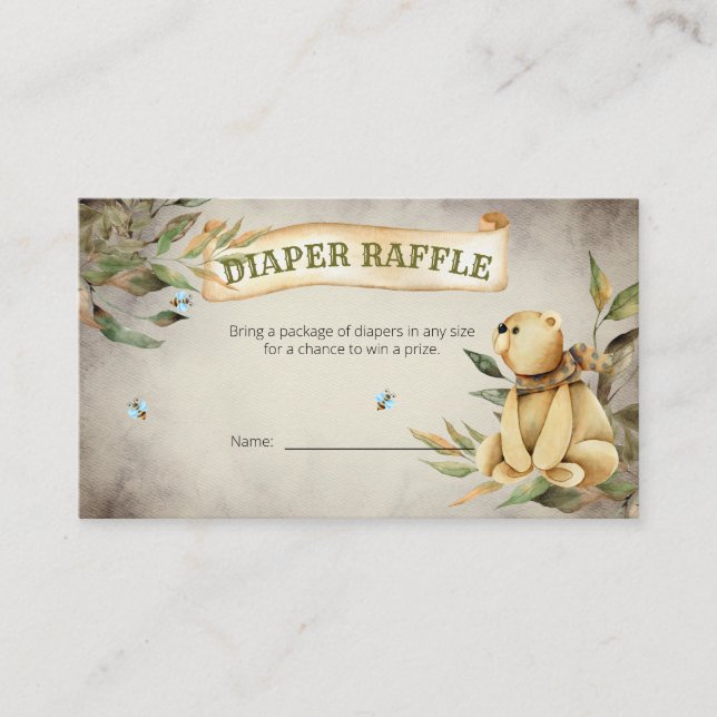 Tarjeta De Recepción Woodland Teddy Bear Boy Baby Shower Diaper Raffle (Anverso)