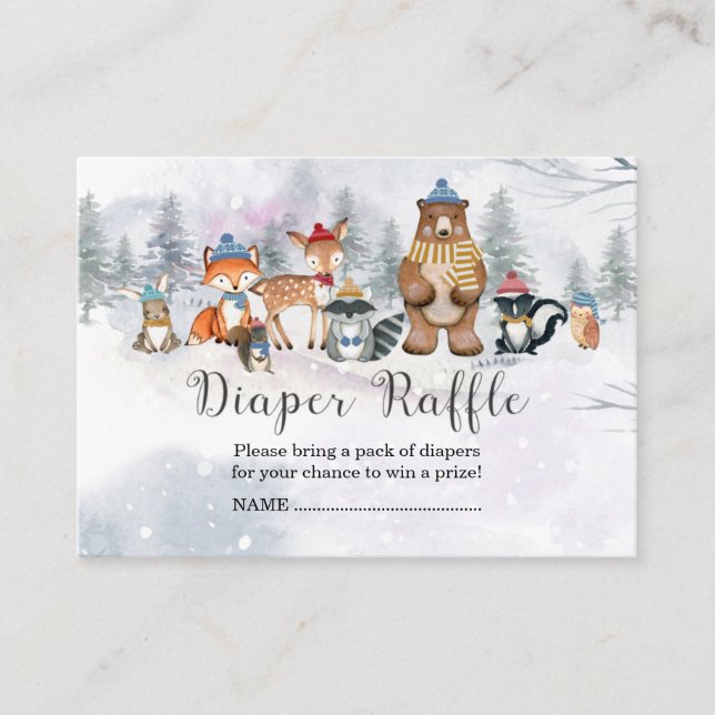 Tarjeta De Recepción Woodland Winter Animals Diaper Raffle (Anverso)