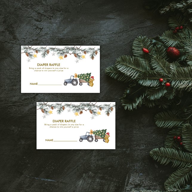 Tarjeta De Recepción X'mas Tree Tractor Bear Diaper Raffle Baby Shower (X'mas Tree Tractor Bear Diaper Raffle Baby Shower Enclosure Card)