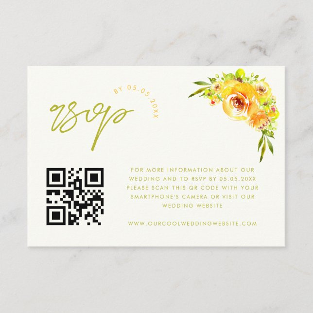 Tarjeta De Recepción Yellow and Green Vibrant Floral QR Code RSVP Card (Anverso)