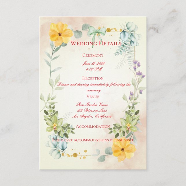 Tarjeta De Recepción Yellow and Pink Floral Wedding Enclosure Card (Anverso)