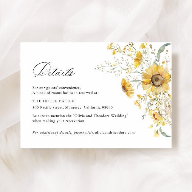 Tarjeta De Recepción Yellow Wildflower Sunflower Wedding Hotel Details (Yellow sunflower wildflower wedding hotel accommodation details card, floral wedding stationery)