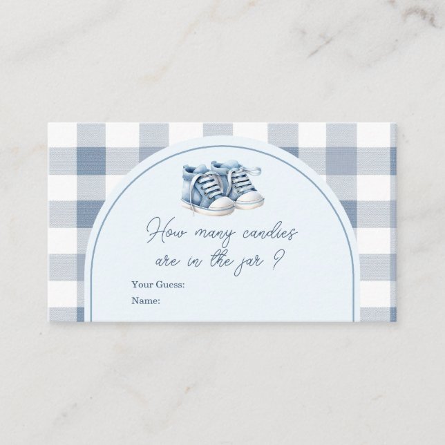 Tarjeta De Recepción Zapatos Azules de Bebé Botines de Gingham Cuántas  (Anverso)
