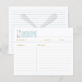 Tarjeta de receta azul y amarilla de tenedor y cuc
