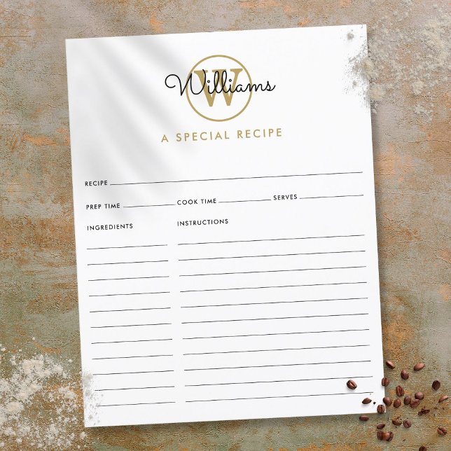 Tarjeta de Receta con Nombre en Letra Script con M (Gold Monogram Script Name Recipe Card)