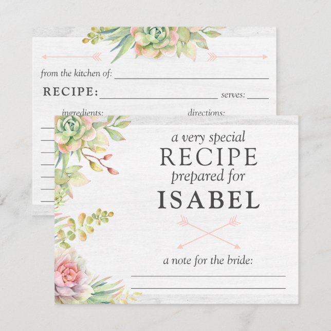 Tarjeta de Receta de Acuarela Rústica de Suculenta (Anverso / Reverso)