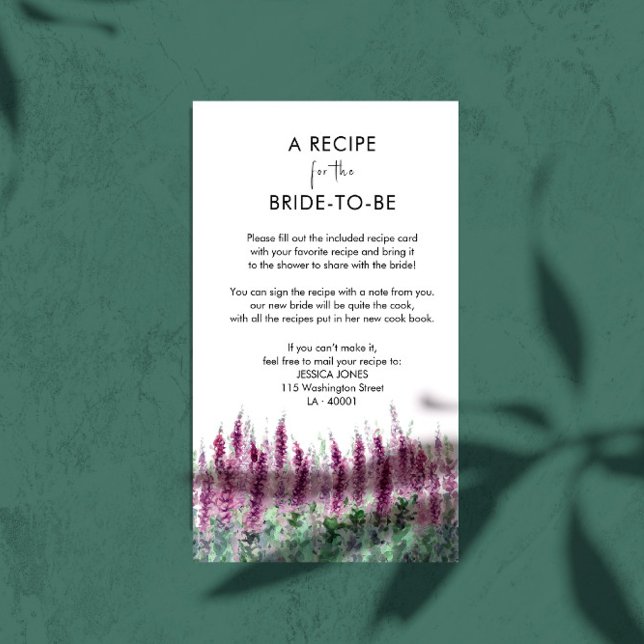 Tarjeta de receta de agua lilac lavender BridalSho (Subido por el creador)