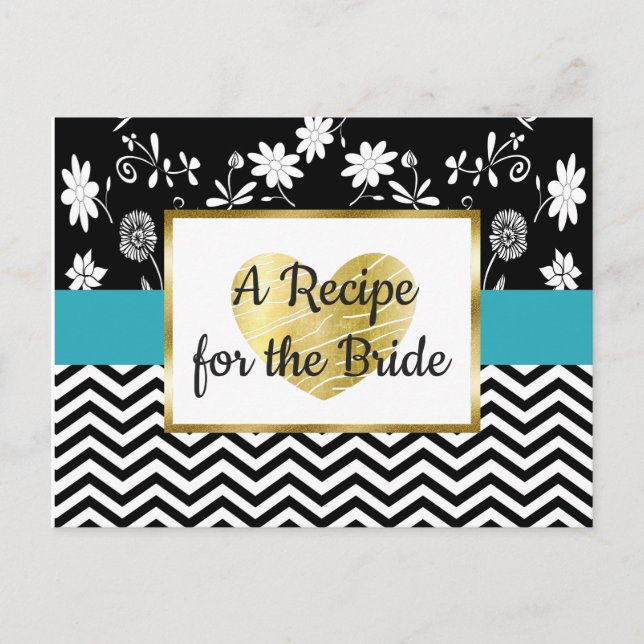 Tarjeta de receta de Boda floral Black, Blue Gold  (Anverso)