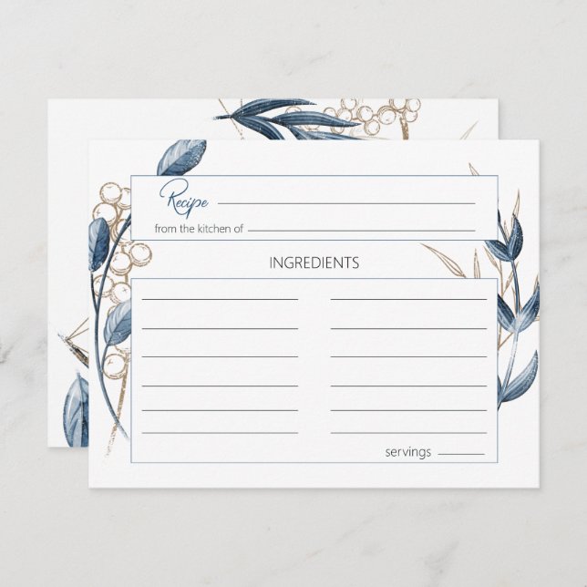 Tarjeta de receta de Boda floral moderno Blue Gold (Anverso / Reverso)