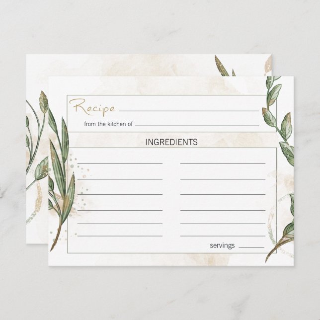 Tarjeta de receta de Boda floral verde Gold Sage (Anverso / Reverso)