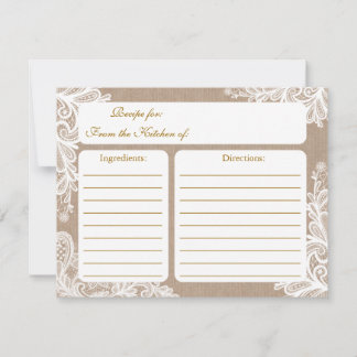 Tarjeta de receta de Burlap and Lace Bridal Shower
