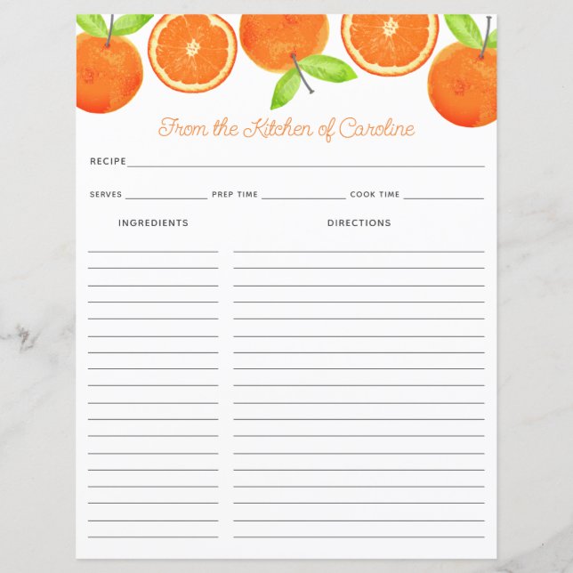 Tarjeta de receta de cítricos de naranjas Inserto  (Anverso)