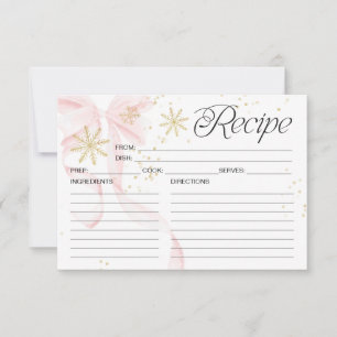 Tarjeta de receta de copo de nieve con lazo rosa a