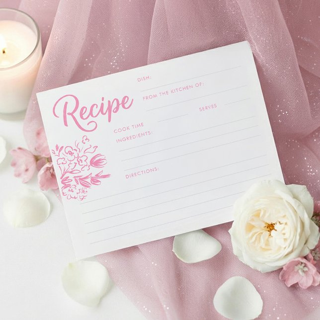 Tarjeta de Receta de Desayuno de Boda Caprichosa R (Pink Whimsical Hand Drawn Floral Bridal Shower Recipe Cards)
