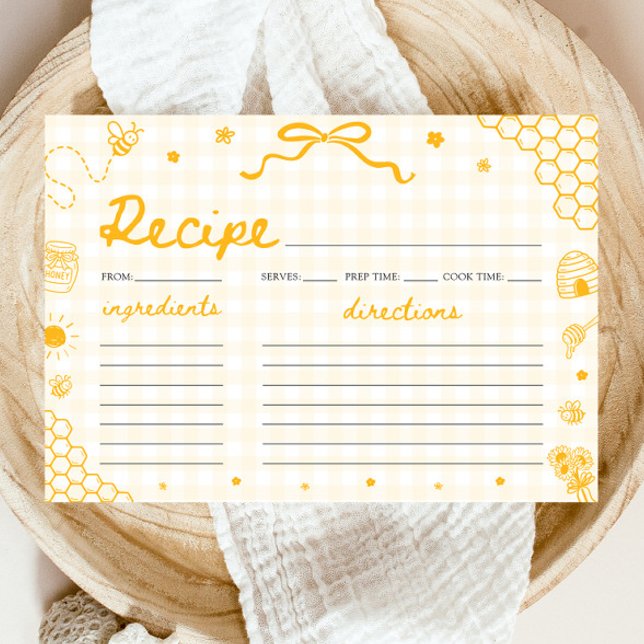 Tarjeta de receta de desayuno de boda de abeja de  (Yellow Gingham Honey Bee Bridal Shower Recipe Card)
