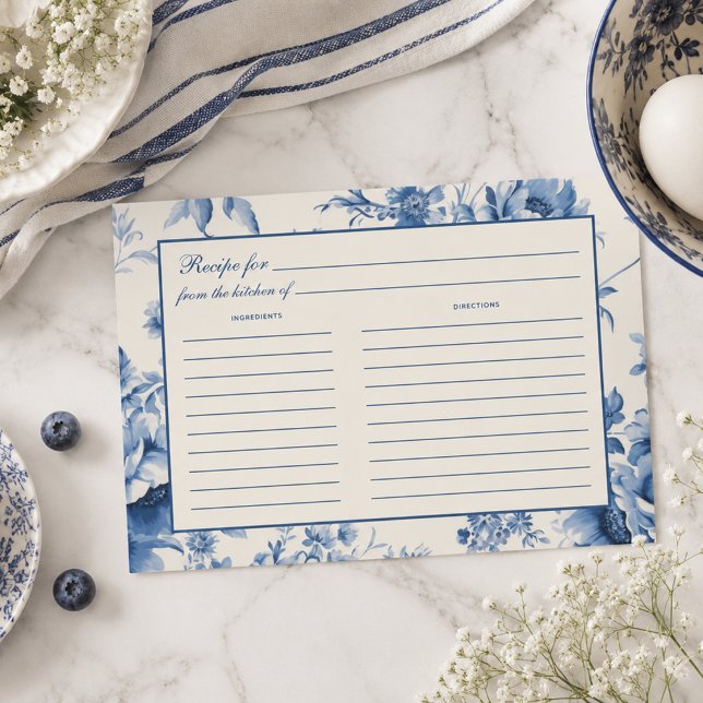 Tarjeta de Receta de Despedida de Soltera de Toile (Blue Floral French Toile Bridal Shower Recipe Card)