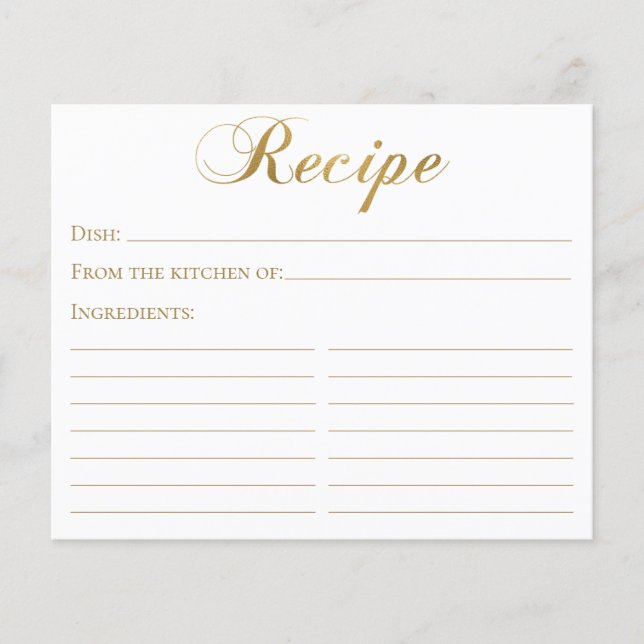 Tarjeta de receta de ducha de boda dorada con letr (Anverso)