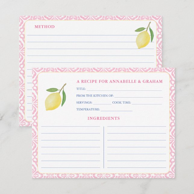 Tarjeta de receta de ducha de bonito rosa Lemons (Anverso / Reverso)