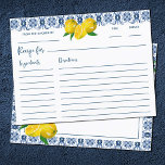 Tarjeta de receta de ducha de leche azul limón ita<br><div class="desc">Una Bonito de azulejos azules italianos y una receta de boda. Diversión para que los huéspedes llenen y traigan una receta a la ducha de novia. Diseñado para ti por Blackberry Boulevard.</div>
