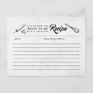Tarjeta de receta de ducha de novia blanca y negra