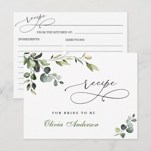 Tarjeta de receta de ducha de novia boho de eucali (Anverso / Reverso)