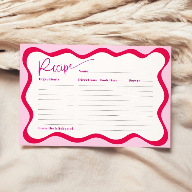 Tarjeta de receta de ducha de novia con borde de o (Hot pink wavy border recipe card for bridal shower)