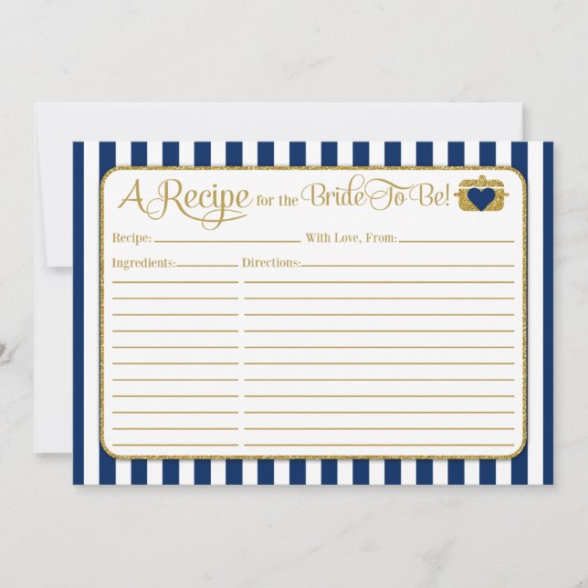 Tarjeta de receta de ducha de novia con dorado azu (Anverso)