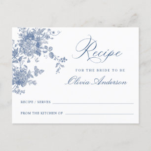 Tarjeta de receta de ducha de novia con flores azu