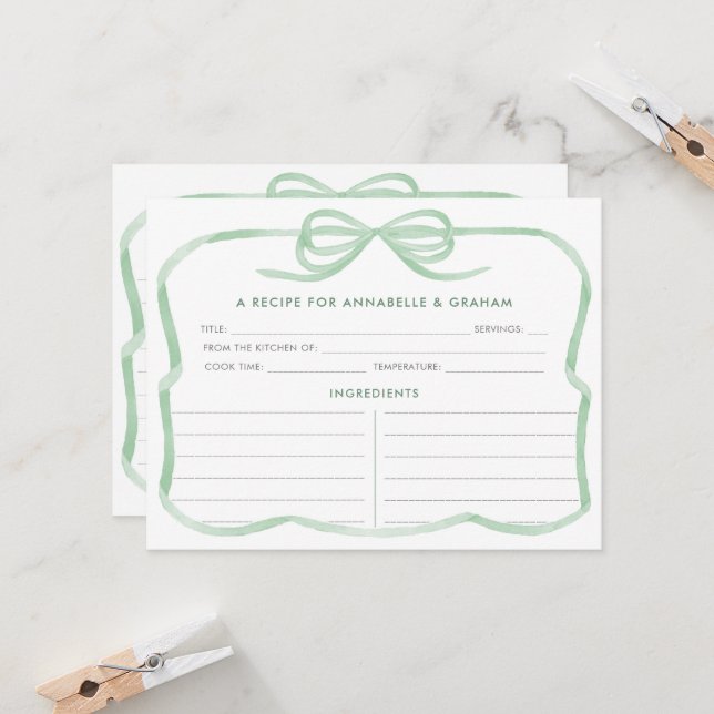 Tarjeta de Receta de Ducha de Novia con Lazo Verde (Anverso/Reverso In Situ)