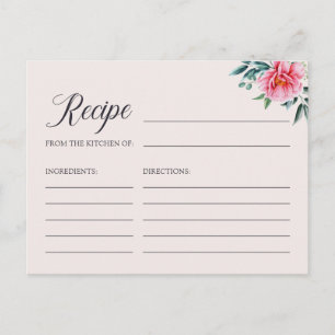 Tarjeta de Receta de Ducha de Novia con Peonía en