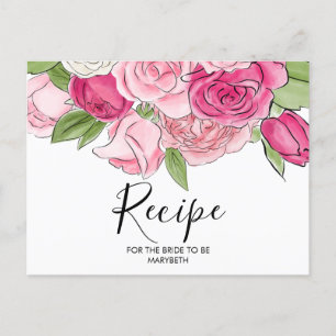 Tarjeta de receta de ducha de novia con rosas rosa