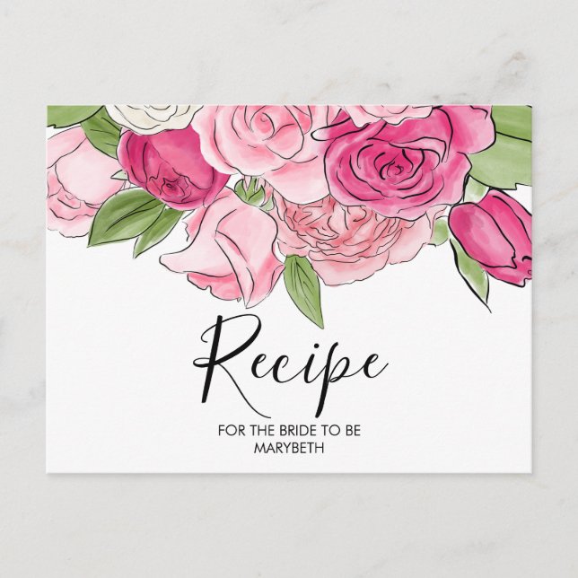 Tarjeta de receta de ducha de novia con rosas rosa (Anverso)