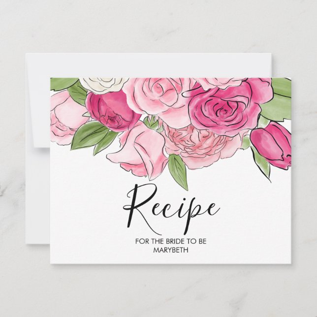 Tarjeta de receta de ducha de novia con rosas rosa (Anverso)