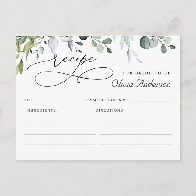 Tarjeta de receta de ducha de novia de eucalipto e (Anverso)