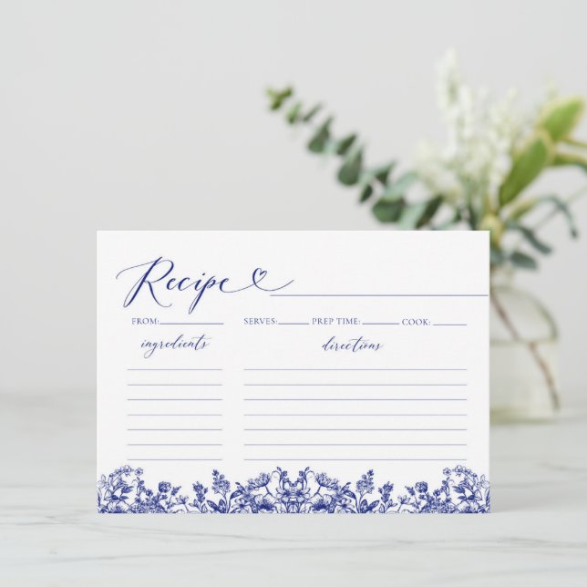 Tarjeta de receta de ducha de novia floral azul de (Anverso de pie)
