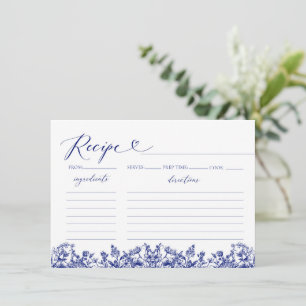 Tarjeta de receta de ducha de novia floral azul de