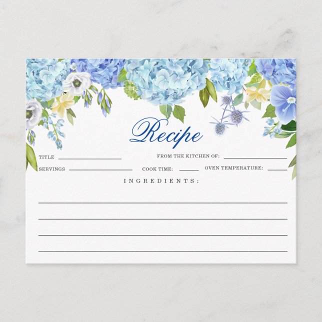 Tarjeta de receta de ducha de novia floral Blue Hy (Anverso)