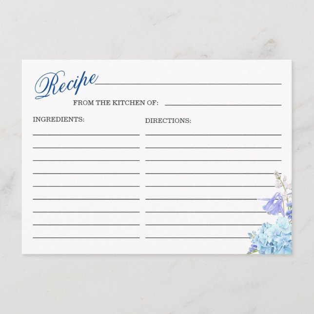 Tarjeta de receta de ducha de novia floral Blue Hy (Anverso)