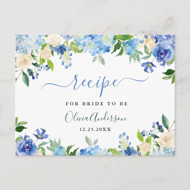 Tarjeta de receta de ducha de novia floral Blue Hy (Anverso)