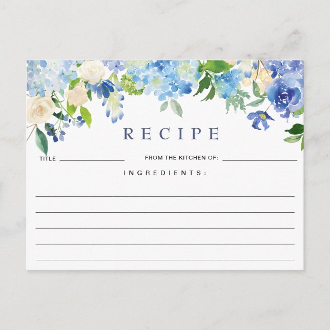 Tarjeta de receta de ducha de novia floral Blue Hy (Anverso)