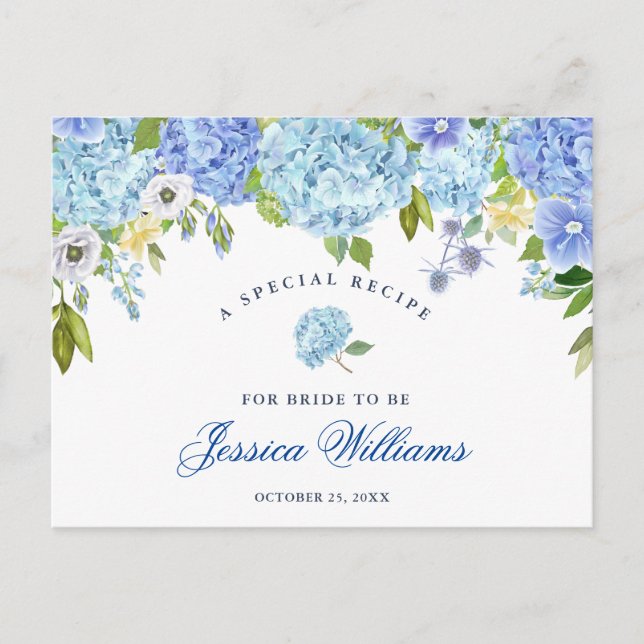 Tarjeta de receta de ducha de novia floral Blue Hy (Anverso)